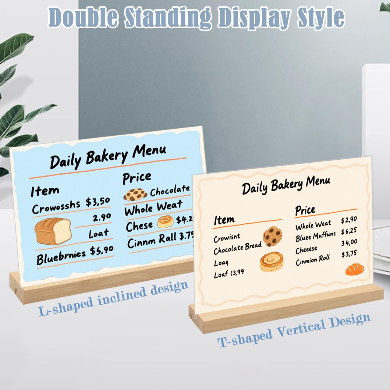 3 Pièces Présentoirs de Table A4, A4 Horizontaux Acrylique Double Face Porte Menu, Forme L/T Support Affiche Plaque avec Pied en Bois, Support de Table pour Exposition Café Bureau-297 x 210 mm