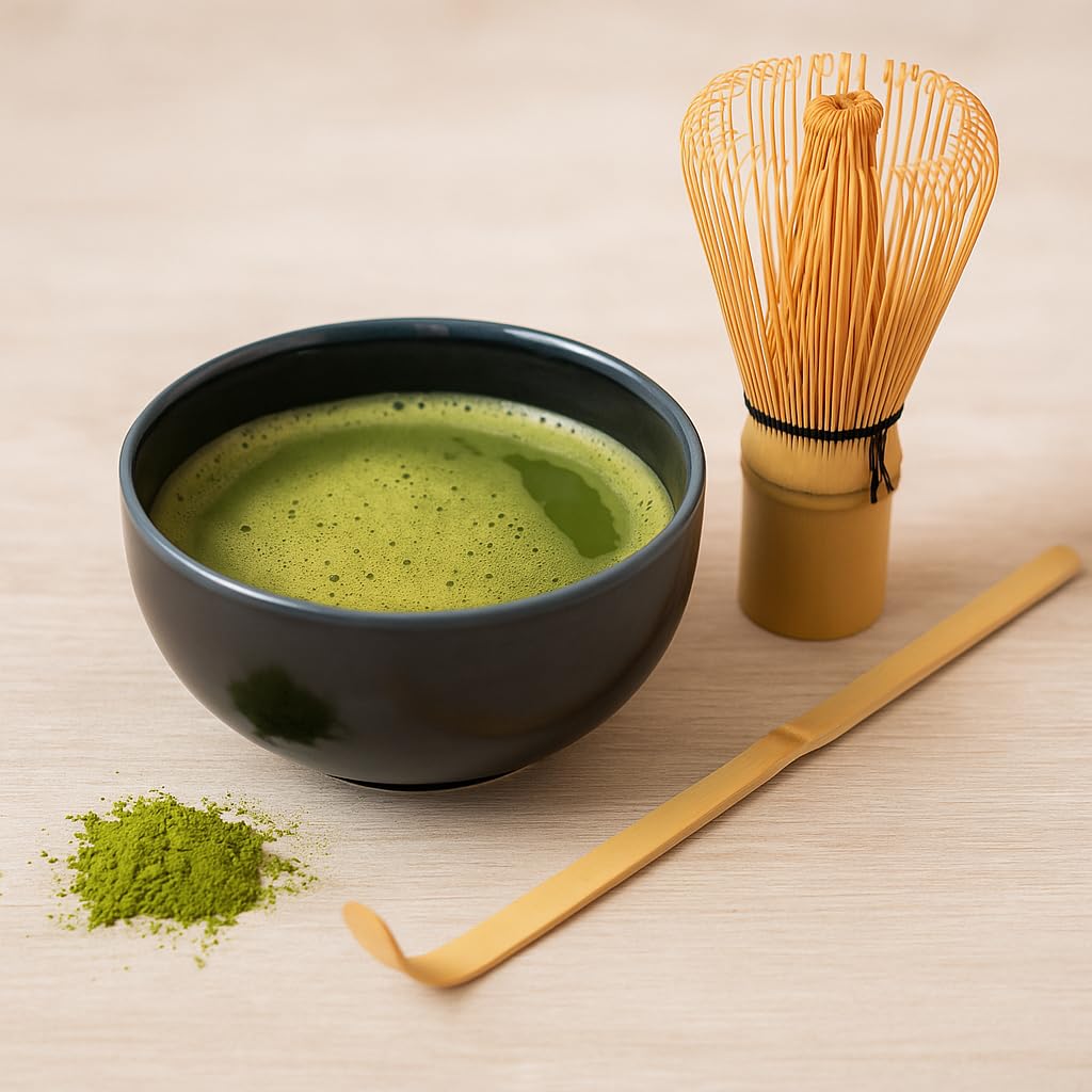 Matcha Set 4 tlg. Original japanische Schale mit Besen & Löffel Edo Japan Geschenkverpackung mit Matcha Besen Chasen, Matchabesen,Matchabesen Halter,Matcha Bambuslöffel Chashaku (Kawaii - Blue Cats)