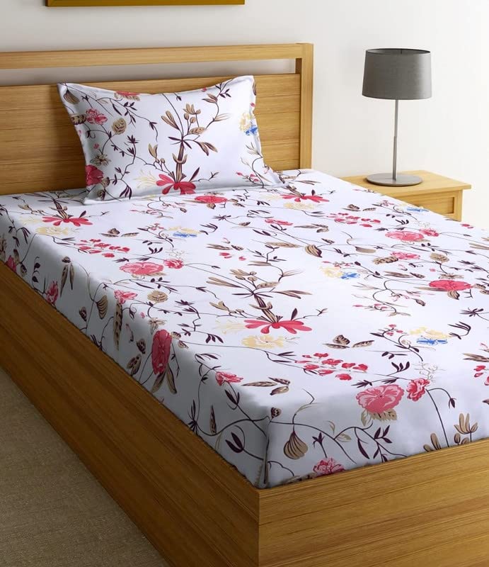 Image of NHD HOME Premium Glace Cotton 180 TC Flat Single Bedsheets for Summer Breathable | Wrinklefree (Size-60 X 90 Inch) with 1 Pillow Covers (Size-17 X 27 Inches, White & Pink Flower)