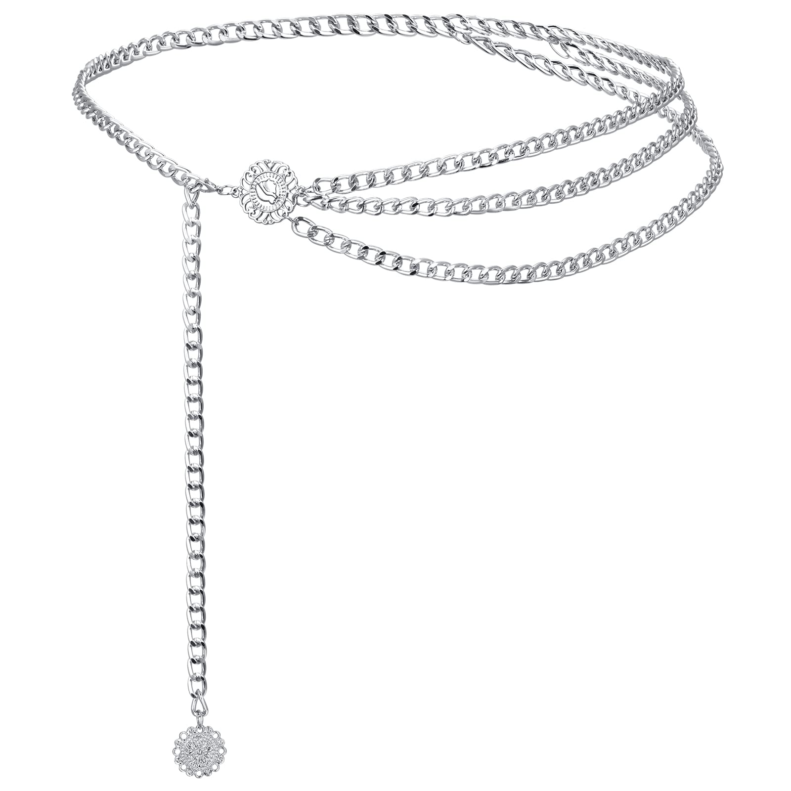 MODRSA Silver Chain Belt Silver Waist Chain For Women Waist Chain Belt Silver Belt Chain Silver Belly Chain Body Jewelry Dress Belt Plus Size 50" 130cm