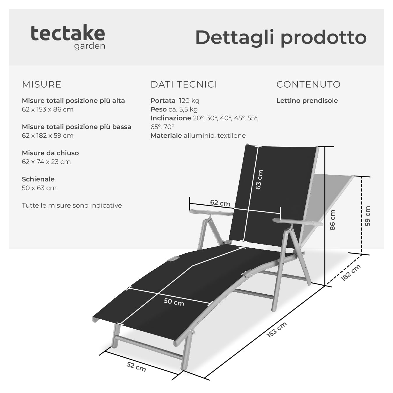 tectake® Lettino Prendisole, Schienale Regolabile, Resistente alle Intemperie, Lettino Pieghevole, Alluminio, Mobile Giardino, Campeggio, Mare, Piscina, Terrazzo, Balcone-Grigio Scuro