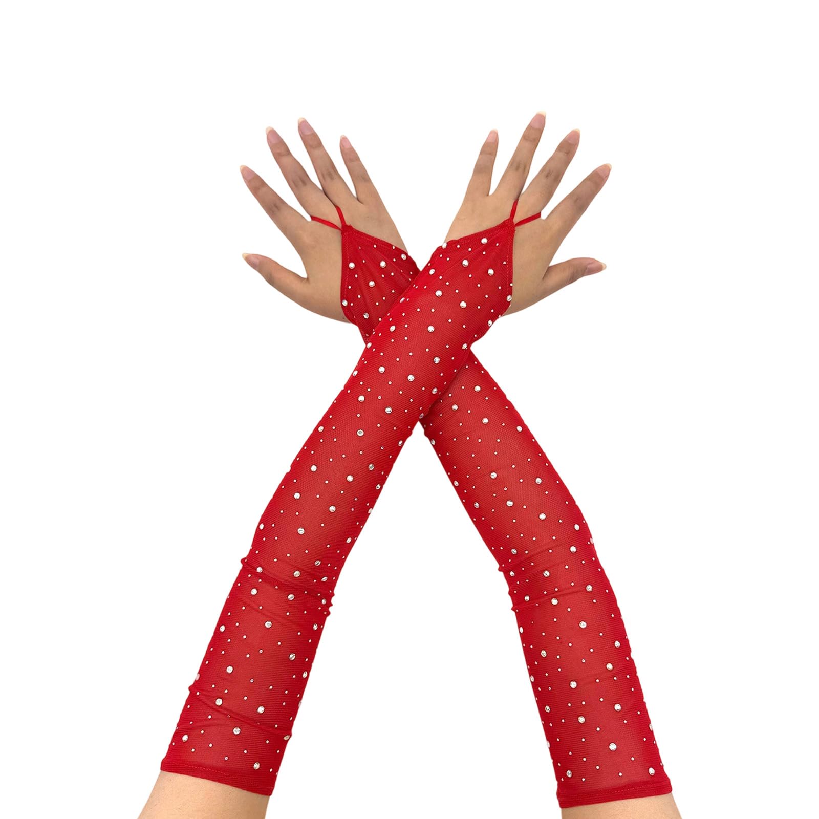 alloneslife Arm Sleeves with Sparkling Rhinestones Comfortable Stretchy Long Gloves for Stage Evening Event Glittering Party Gloves