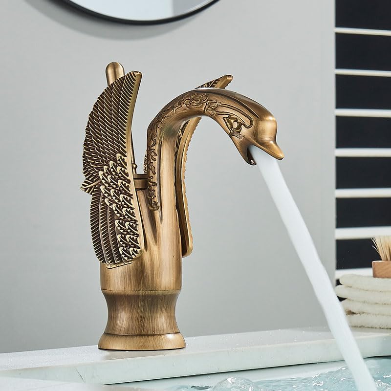 Gold Swan Bathroom Sink Faucet Copper Basin Faucet Deck Mount Single Hole WaterTaps Hot and Cold Mixer Wash Basin Faucet Tapware(Antique Brass Short)