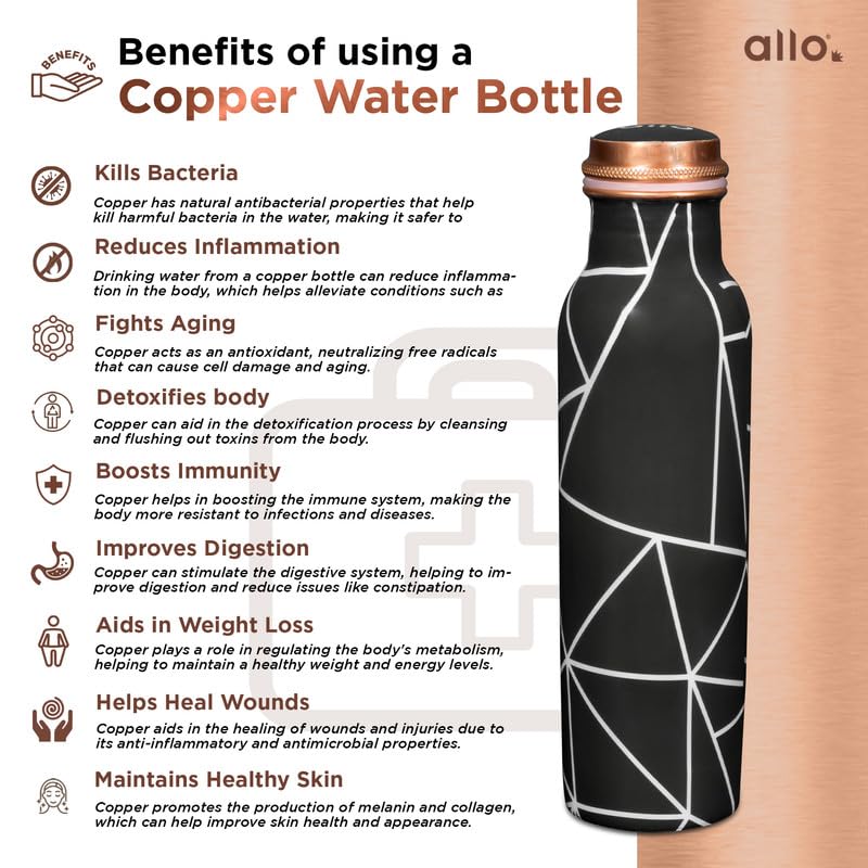 Image of Allo Pure Copper Water Bottle 1 Litre Copper Bottle | Alkaline and Anti Oxidant | 100% Leak Proof, Office, Gym Bottle, Modern Tamba Bottle for Adults, Best Gift for Diwali (Black Abstract Line)