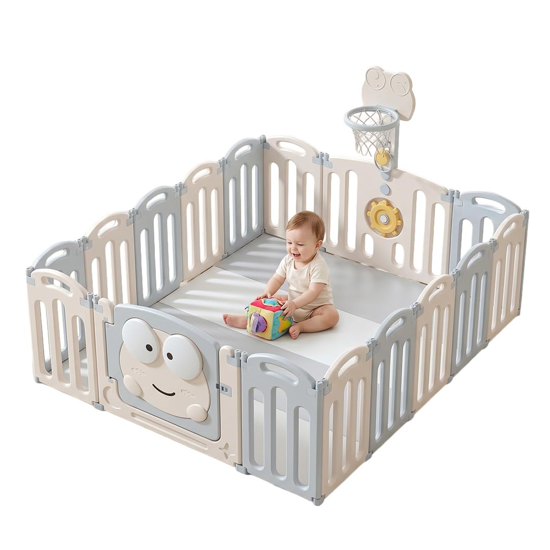 Parque Infantil 185x154cm Corralito para Juegos de Bebe Plegable con Puerta LED y Canasta con 20 Bolas y Paneles de Seguridad HDPE Sin BPA Parque Bebé Interior y Exterior Rana Desarrollo Gateo