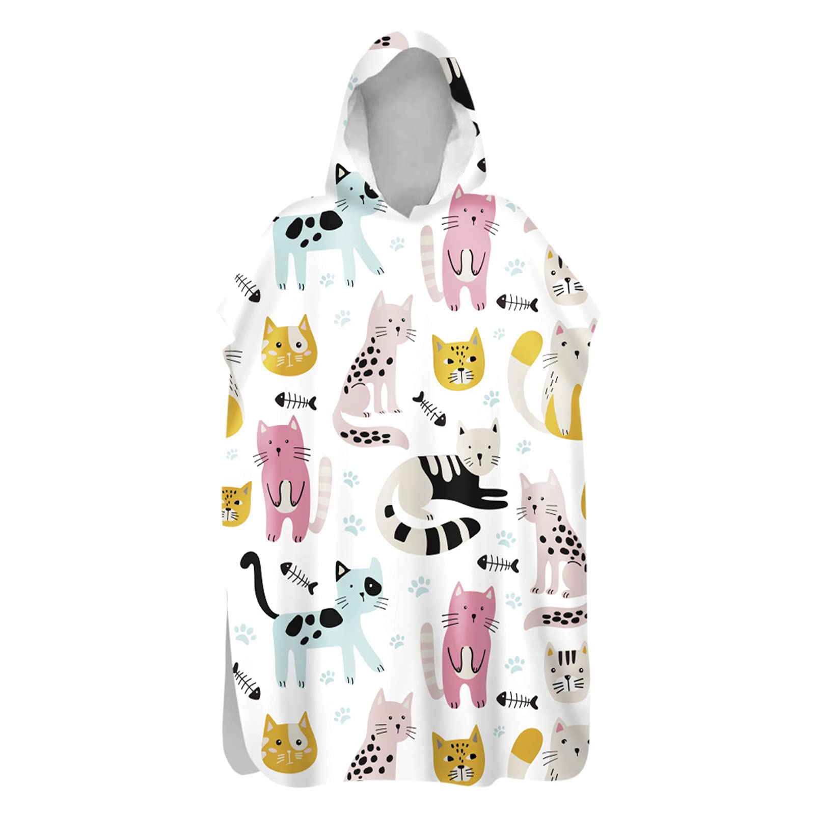 Chickwin Changing Dry Robe Towel Poncho for Adult Kid, Cat Printed Poncho with Hooded Swim Beach Towel Microfibre Beach Surfing Swimming Robe (Cartoon cat,60x110cm)