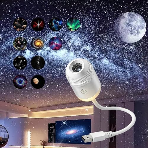 2-in-1 Galaxy Projector Night Light USB Starry Sky Projector with 360 Adjustable & Dimmable Brightness 12 HD Milky Way Films for Bedroom Ceiling Wall Room Decor