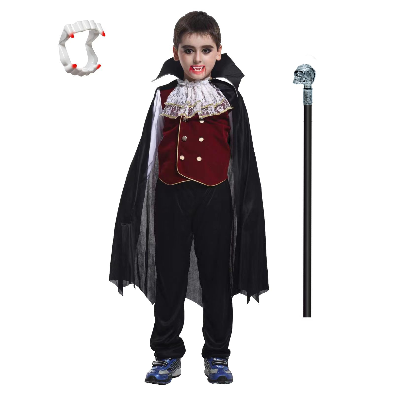 Costume Vampire Enfant Garçon - Déguisement Dracula Avec Cape, Dentier Et Sceptre Pour Halloween