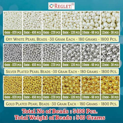 Image of 1800 Pcs Off White + Pcs 1800 Silver + 1800 Pcs Golden Pearl Beads for Jewellery Making Kit - Plastic Beads for Bracelet Making Kit - Pearls for Craft - Sizes 4, 5, 6, 8, 10, 12mm - 540g