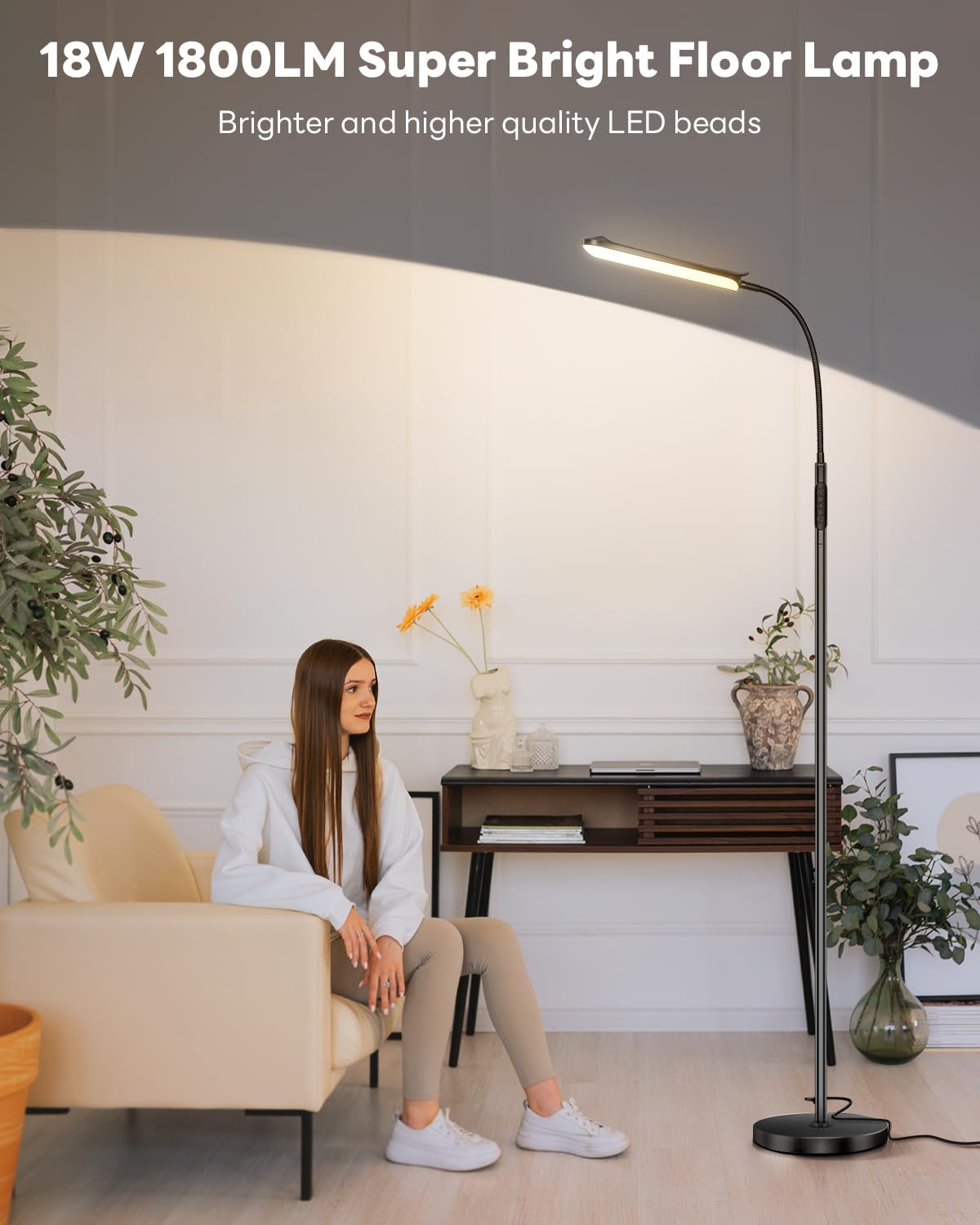 Lampa podłogowa LED 18 W, 1800LM ściemniana (2700K-6500K) Elastyczna łabędzia szyja, wysokość 175 cm, magnetyczne sterowanie i sterowanie dotykowe, lampa do czytania do salonu, czarna