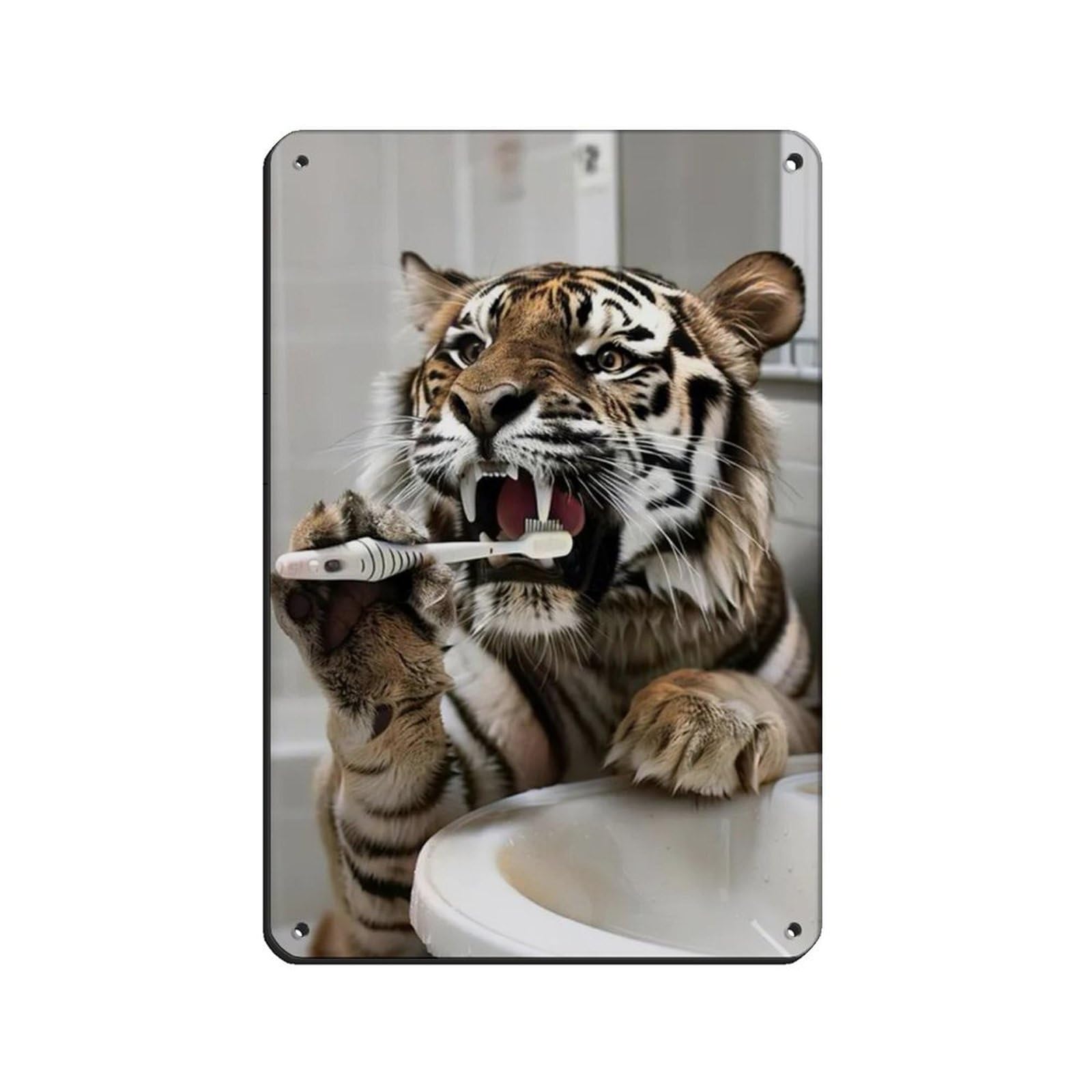 Tiger Brushing Teeth, Hilarious Bathroom Art Retro Poster Metal Tin Sign Chic Art Retro Iron Painting Bar People Cave Cafe Family Garage Poster Wall Decoration 8x12inch(20x30cm)