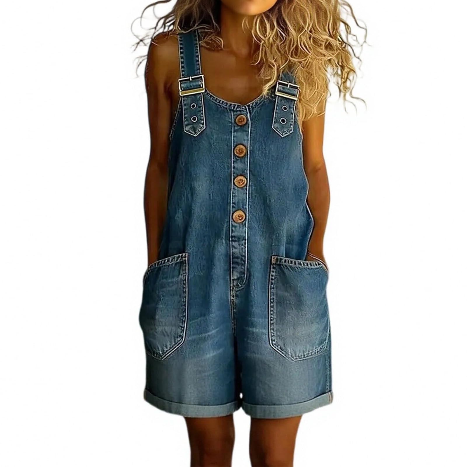 Denim-Latzhose Für Damen, Trendige, Mit Knopfleiste Vorne, Weites Bein, Lockere, Lässige Jean-Shortalls Mit Taschen