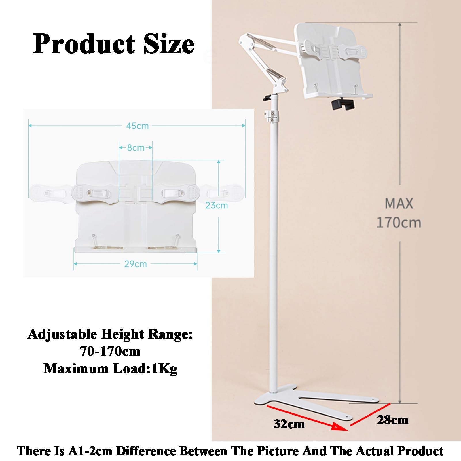 Generico Leggio da Pavimento Regolabile con Fermagli per Pagine e Supporto per Tablet, Altezza 70-170 cm per casa, Ufficio, Scuola - Supporto da soffitto per Libri e iPad per Una Lettura Confortevole