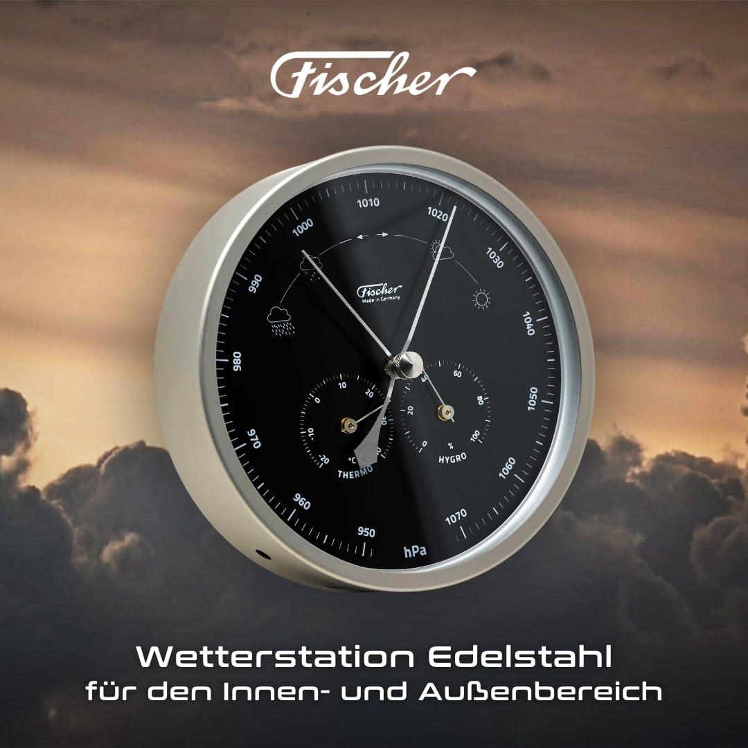 Fischer 1602-01.06 Außen-Wetterstation, Glas, Edelstahl, Polymeter | Thermometer, Barometer, Hygrometer, schwarzes Ziffernblatt, Messbereich 20-100 % r. F., 160mm Durchmesser, Made in Germany