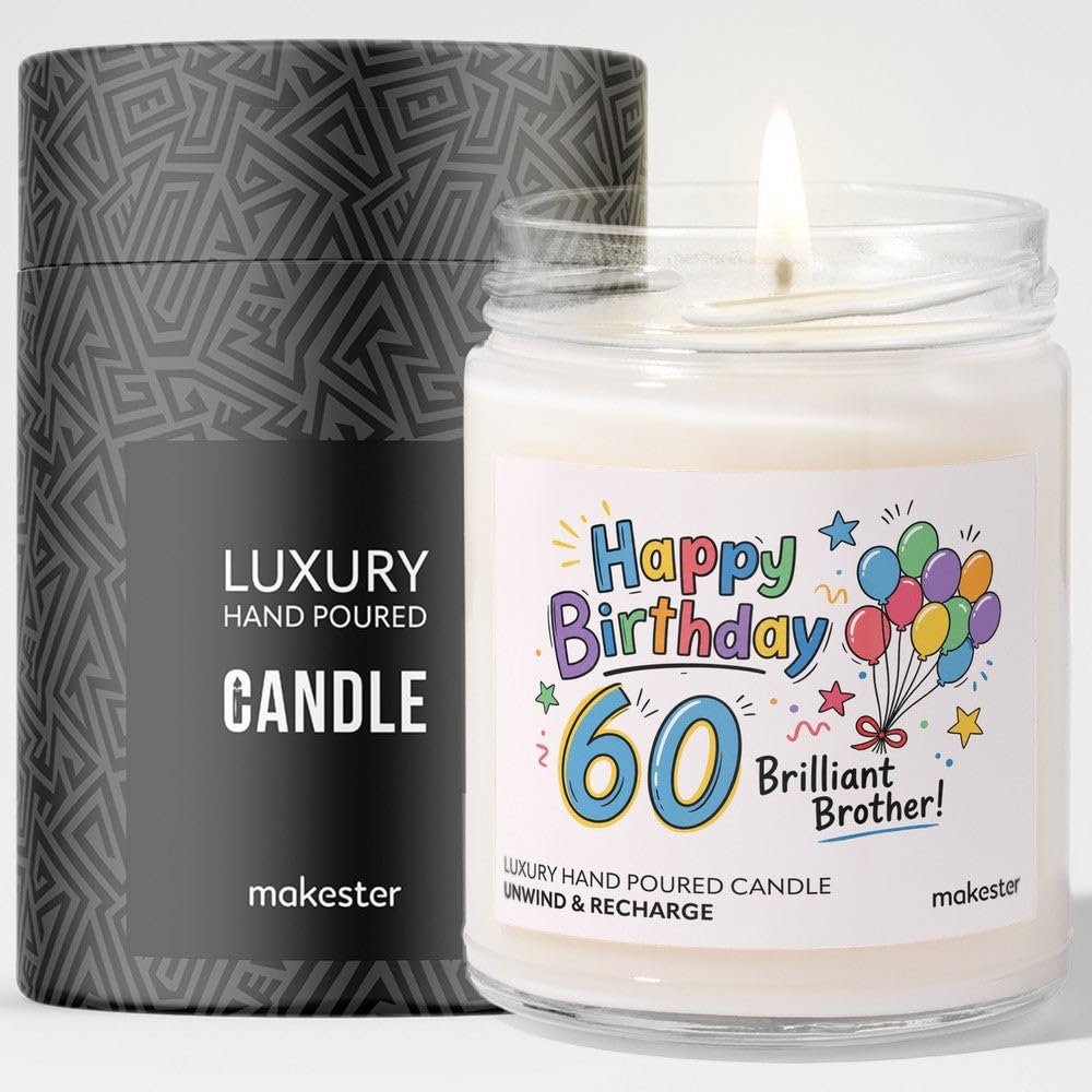 60th Birthday Gift for Brother - Luxury Soy Wax Candle - Vanilla, Jasmine, Sugared Almond - Makester — image 1