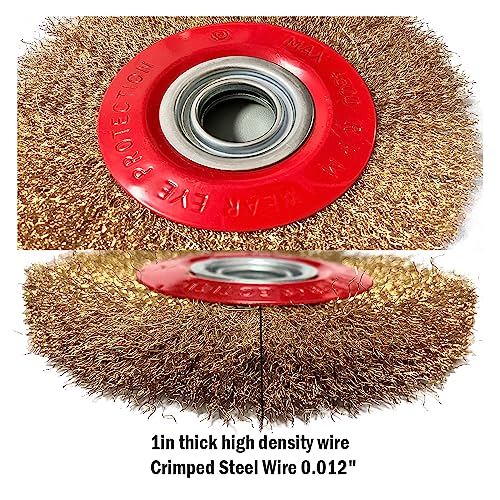 Image of 8in Bench Wire Wheel Brush | Coarse Crimped Steel Wire 0.012 inch with 1 /2 inch 5 /8 inch 3 /4 inch 7 /8 inch 1 inch Arbors for Bench Grinder Brass Coated Steel- 2pcs