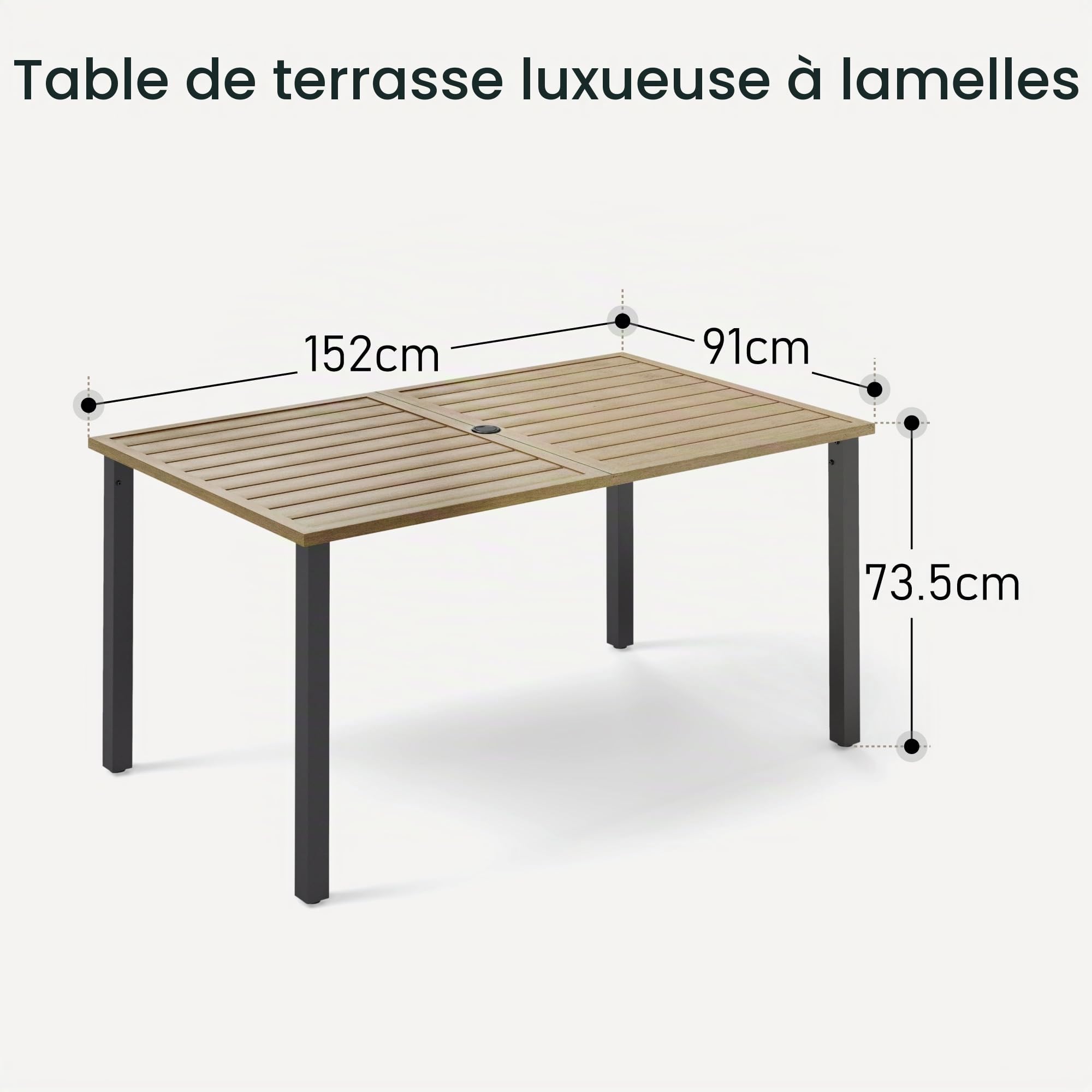 Table de jardin rectangulaire avec trou pour parasol 152 x 92 x 73 cm métal résistante aux intempéries PHI VILLA