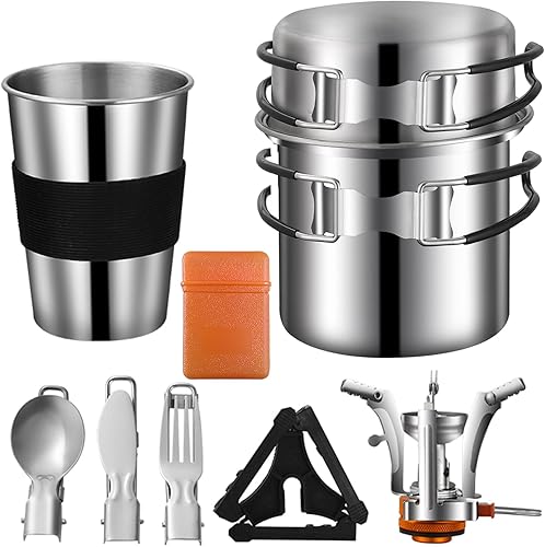 Kit de utensilios de cocina para acampar, juego de cocina de acero inoxidable, juego de cocina para mochileros, equipo de mochilero con mini estufa