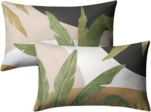 Kwlegh Juego de 2 fundas de almohada lumbar tropicales verdes de primavera y verano de 12 x 20 pulgadas, con hojas de palma, fundas de almohada