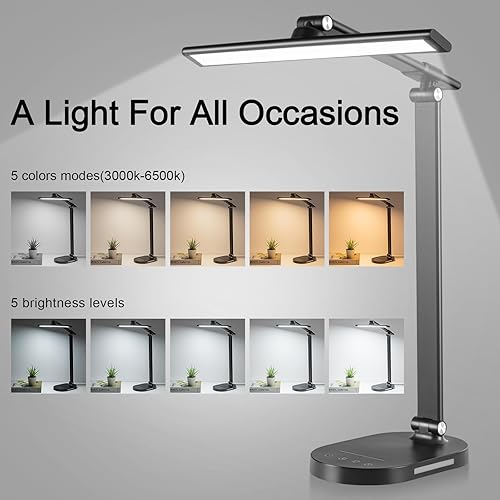 Miniatura 3 de Lámpara de escritorio LED con 5 niveles de brillo, lámpara de lectura de oficina regulable con brazo ajustable, lámpara de escritorio plegable para