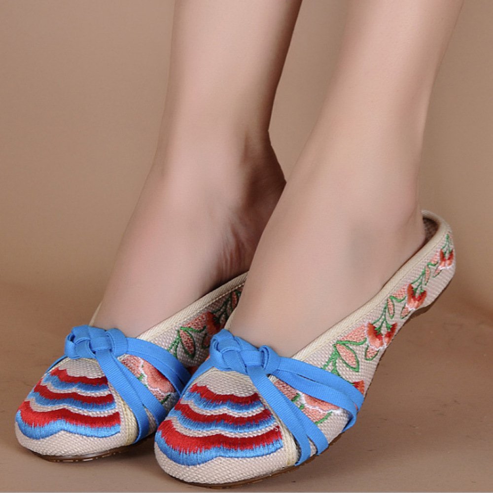JIA HONG Slippers Linen Embroidery Leisure Tourism Travel Dance Genuine Cloth Shoes,Beige（36）