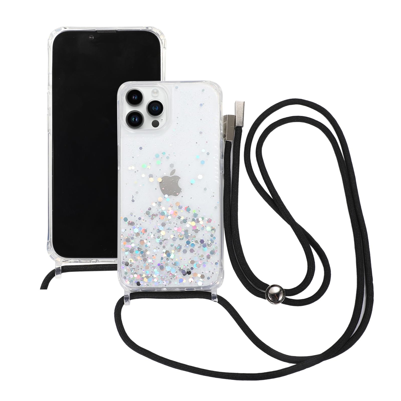 ELTIIGO for iPhone 13 Pro Strap Case with Crossbody Lanyard, Clear Glitter Shiny Bling Sparkle Shockproof Cover with Soft TPU Bumper, Adjustable