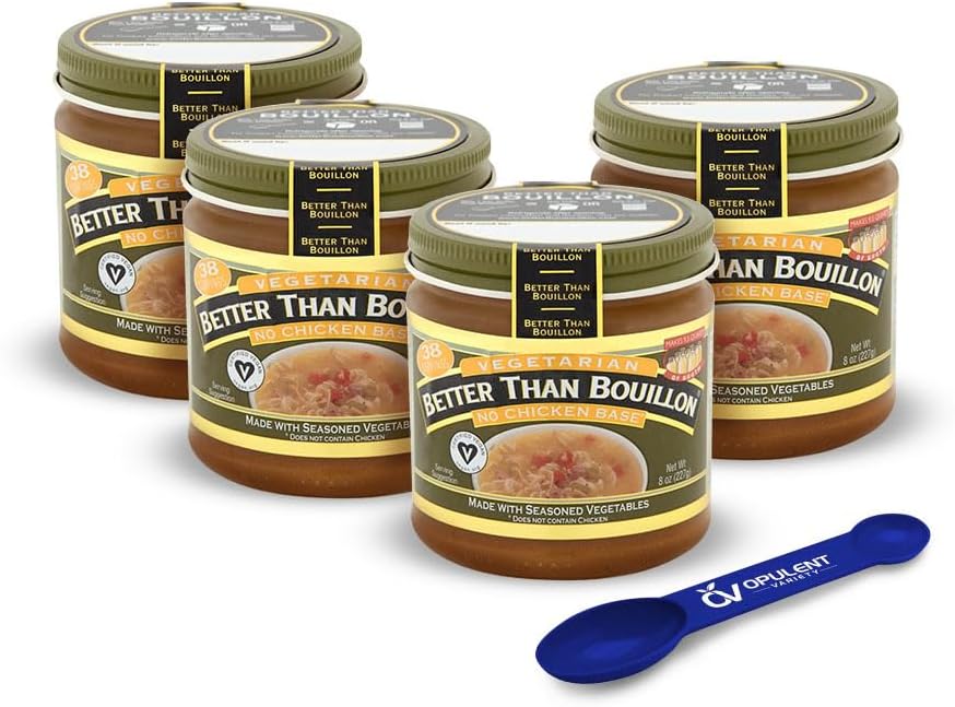 Better Than Bouillon Vegetarian No Chicken Base 8 oz (Pack of 4) Bundle with Opulent Variety Measuring Spoon