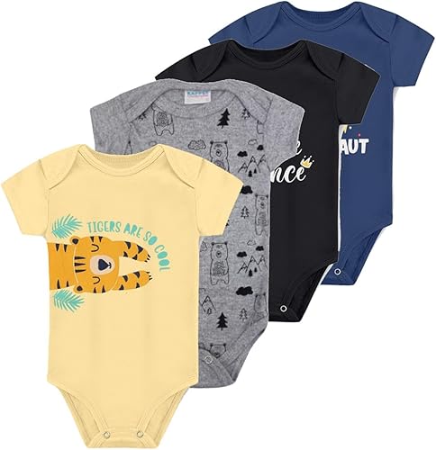 Kit 4 Body Manga Curta Roupa Infantil Bebê Recem Nascido a 12 meses Inverno Verão Estampado (Menino, P (1-3M))