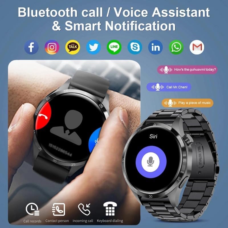 GT4 Pro Smart Watch displaying a call interface and a voice assistant interface, with icons for various social media and messaging apps above.