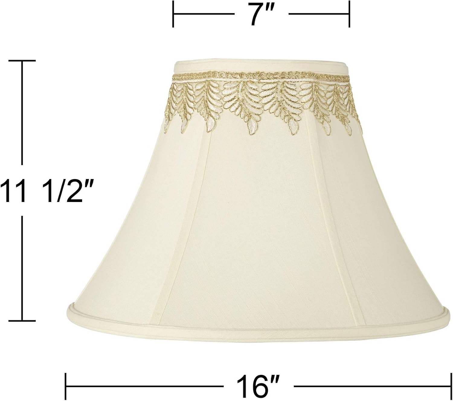 Creme Medium Bell Lamp Shade with Embroidered Leaf Trim 7" Top x 16" Bottom x 12" High (Spider) Replacement with Harp and Finial - Imperial Shade