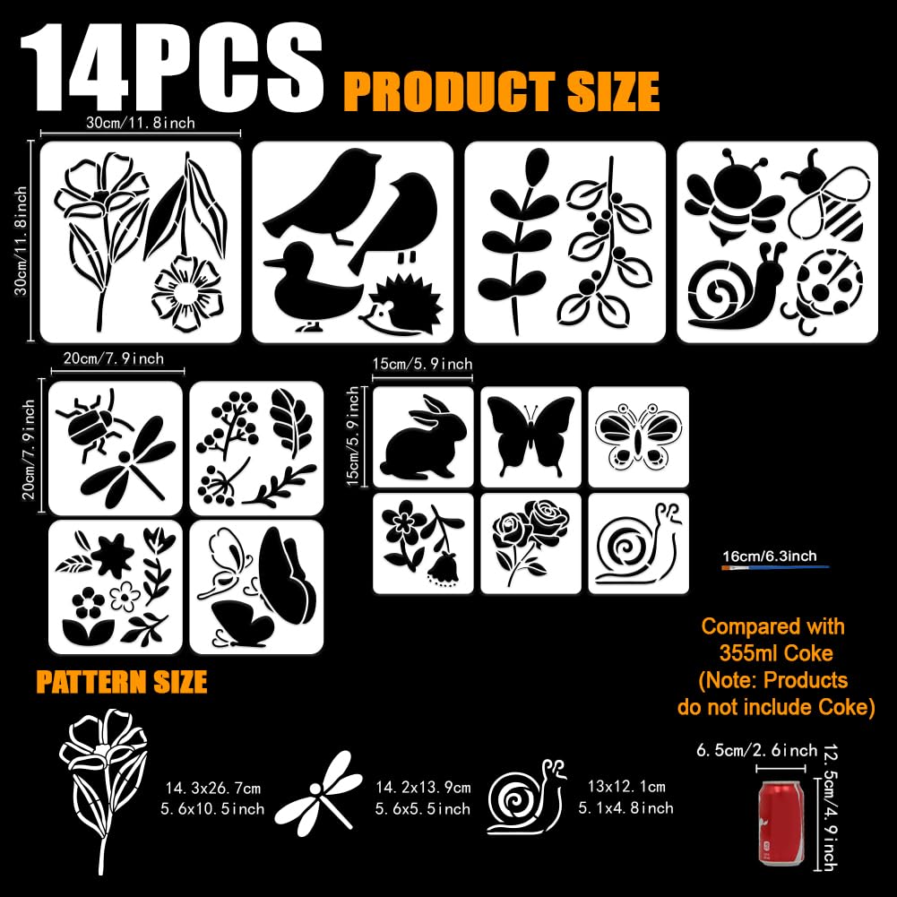 FINGERINSPIRE 14 plantillas de flores y animales con pincel de 15 cm/20 cm/30 cm flores y hojas plantilla mariposa pájaro conejo abeja DIY arte y manualidades plantillas para pintar sobre suelo de