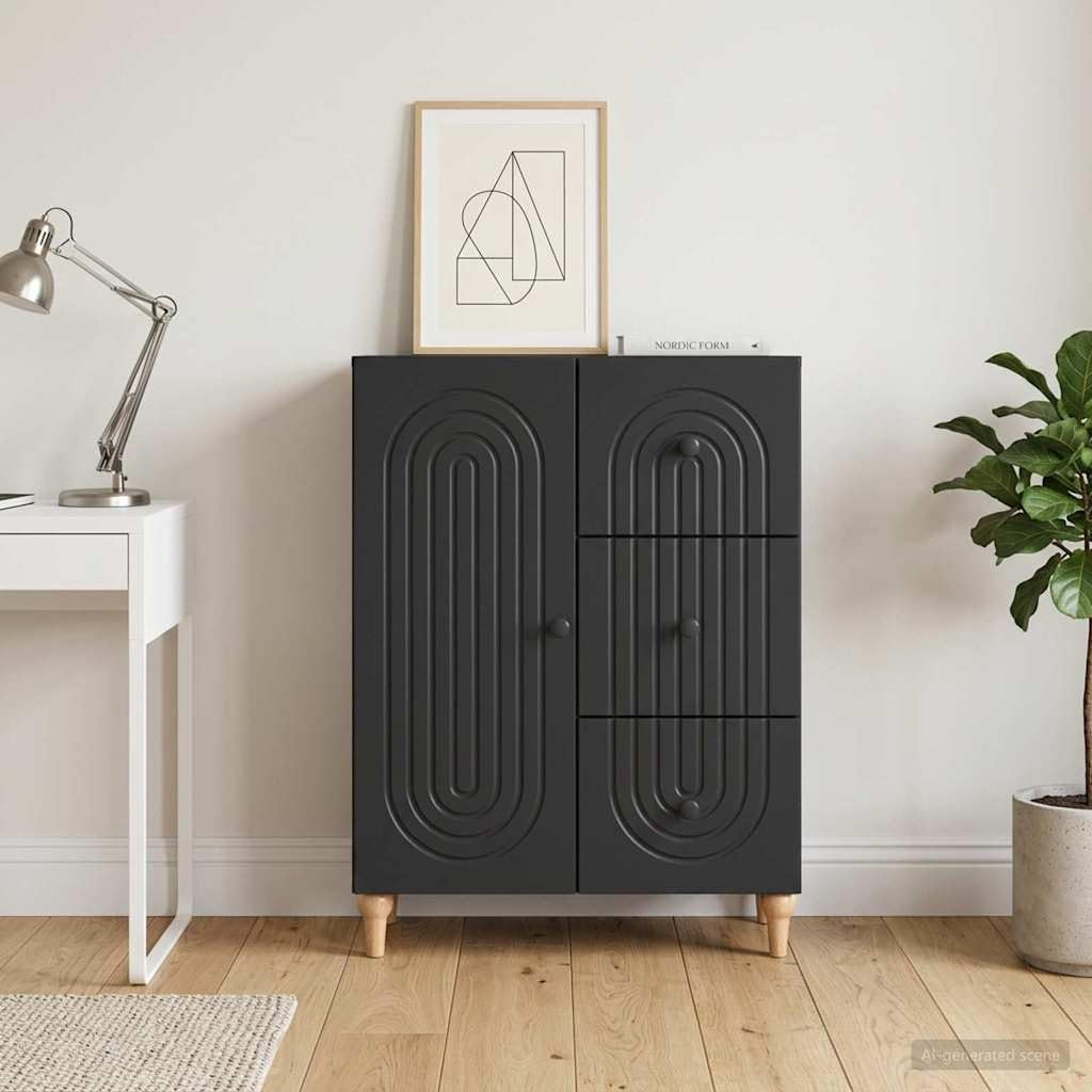 Credenza nera, 66 x 34,5 x 90 cm, in legno con 3 cassetti e porta basculante a 90°, comò versatile per soggiorno, sala da pranzo, corridoio, ufficio