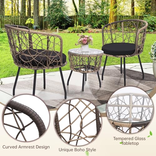 Image of Kromax 3-Piece Patio Modern Bistro Set, Natural /Black | Outdoor All-Weather Wicker Furniture Chairs and Side Table Set, Ideal for Balcony, Porch and Backyard