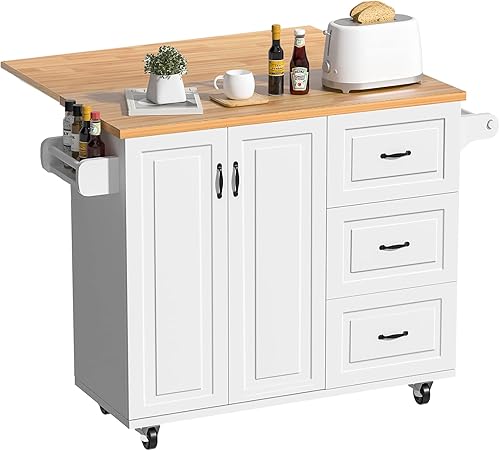 Isla de cocina sobre ruedas con encimera de madera con hojas caídas carrito de isla de cocina con 3 cajones de almacenamiento mesa de isla rodante