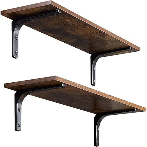 DINZI LVJ Long Wall Shelves, 31.5 Inch Wall Mounted Shelves Set of 2, Easy-to-Install, Wall Storage Ledges with Sturdy Metal Brackets for Living Room, Bathroom, Bedroom, Kitchen, Rustic Brown
