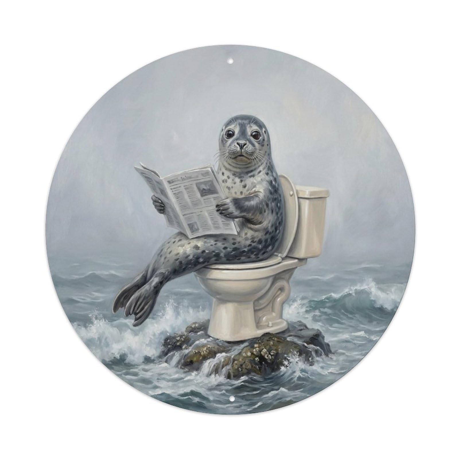 Seal On Toilet Humorous Bathroom Misty Ocean Rock Metal Tin Sign