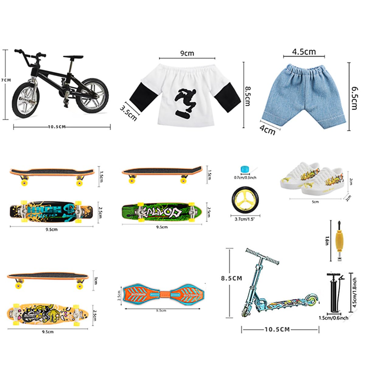 Namvo Mini Finger Skateboard Set, Mini Finger Bike, Finger Scooter, Finger Pants, Chariot, Accessoires de Scooter, Cadeau Créatif pour Les Amateurs de Skateboard