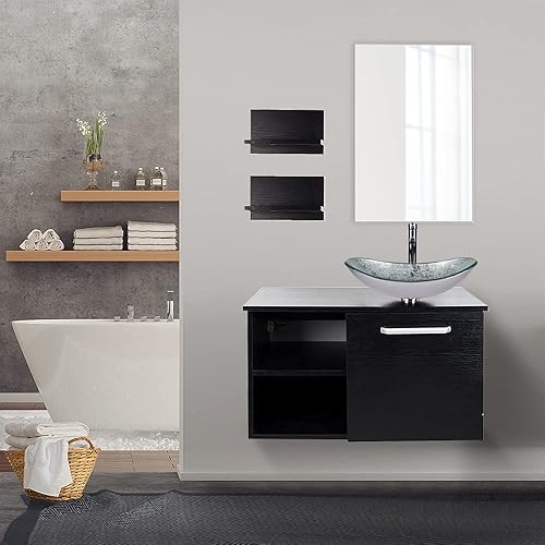 Miniatura 7 de Puluomis Tocador de baño de 28 pulgadas, moderno armario de madera montado en la pared con espejo, accesorio de madera negra, parte superior de