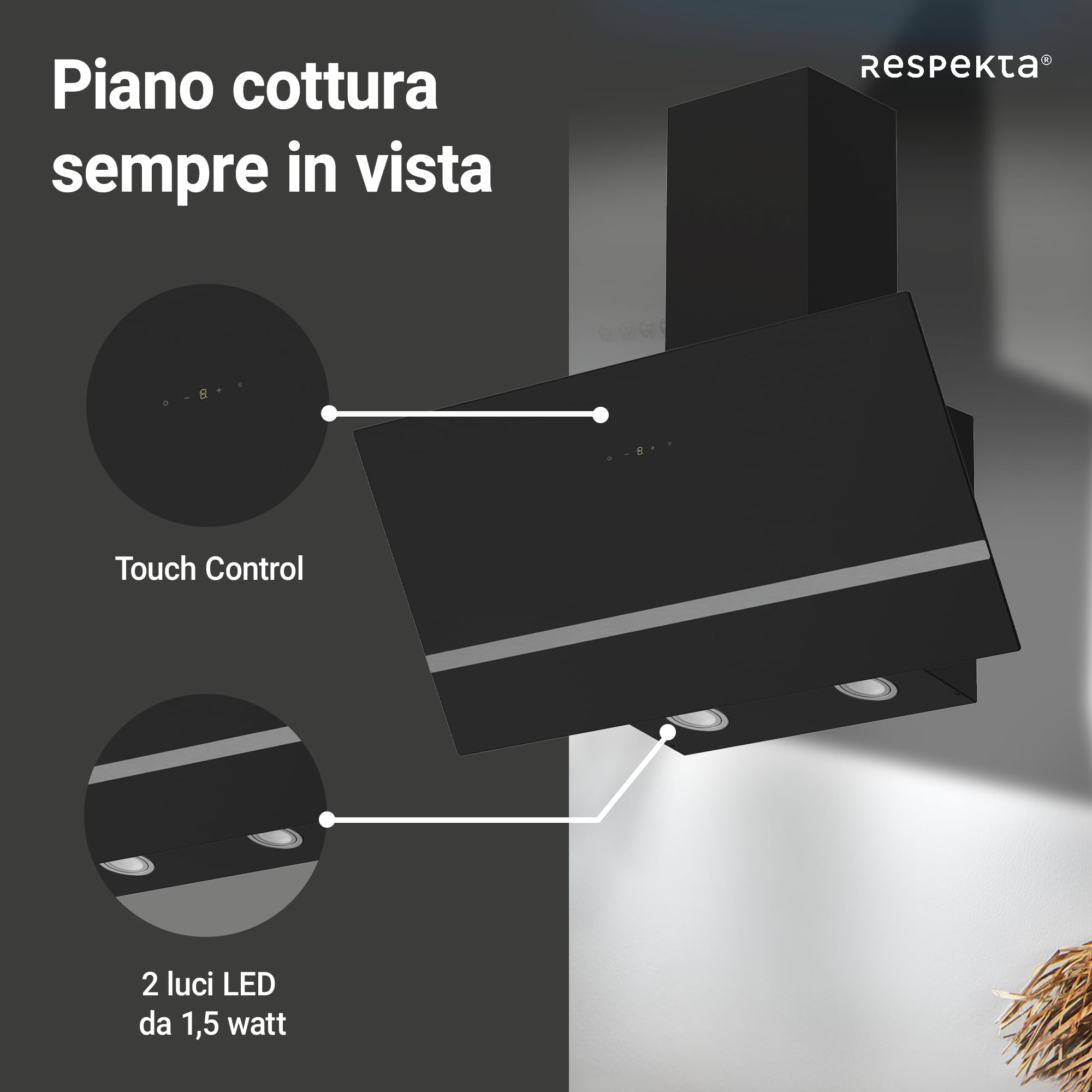 Respekta Cappa Isola senza Cappa, Cappa inclinata 90 cm, Struttura in metallo con paralume in vetro Nero, Funzione di scarico e ricircolo d'aria, CH24090SAM, A, 54 - 68 dB