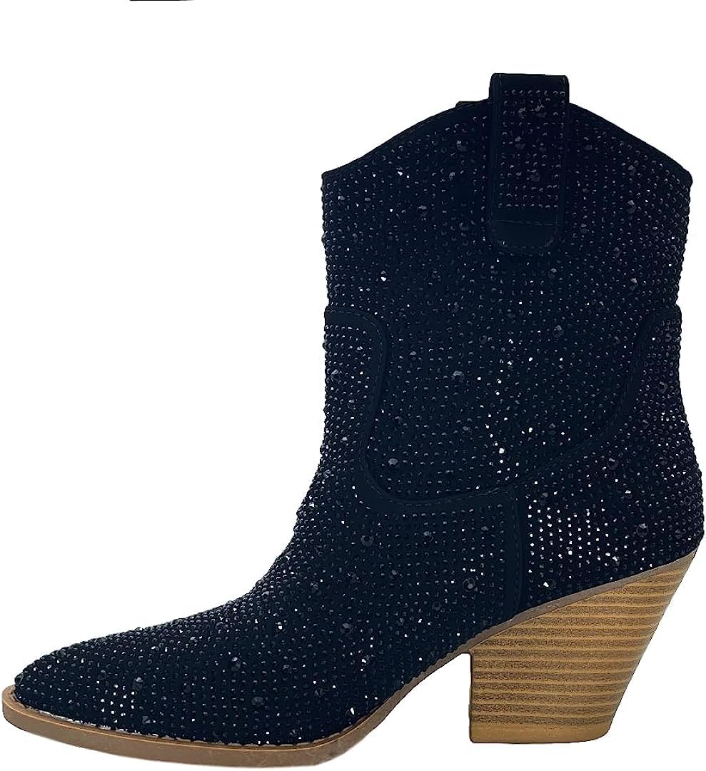 Women's Rhinestone Block Heel Mid Calf Short Ankle Booties Knee High Boots: Women's Rhinestone Block Heel Cowboy Mid Calf Short Ankle Booties Boots River-01 Charcoal 01 Size 6