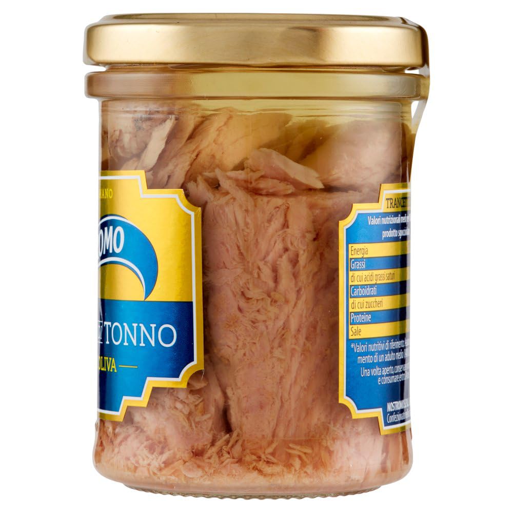 12x Nostromo Trancetti di Tonno all'Olio di Oliva,Pesce in Scatola,Barattolo Vetro da 180g + 1 Confezione di Talco Felce Azzurra in omaggio, Busta da 100g