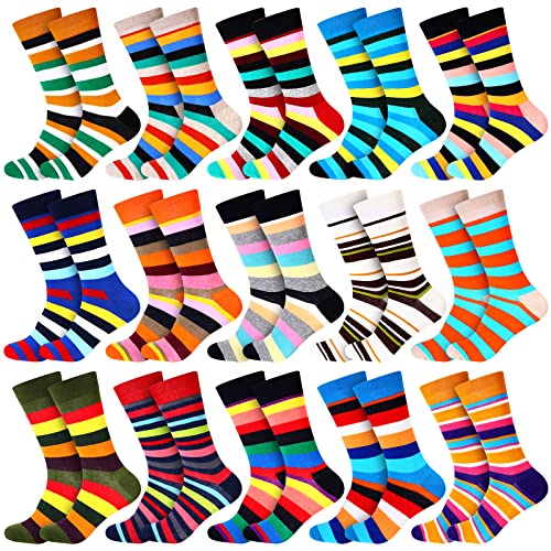 15 Pairs Funny Striped Colorful Casual Socks Men's Dress Cotton Crew Socks Crazy Novelty Gifts for Men Birthday Christmas Work Hiking Walking Outdoor Warm and Soft