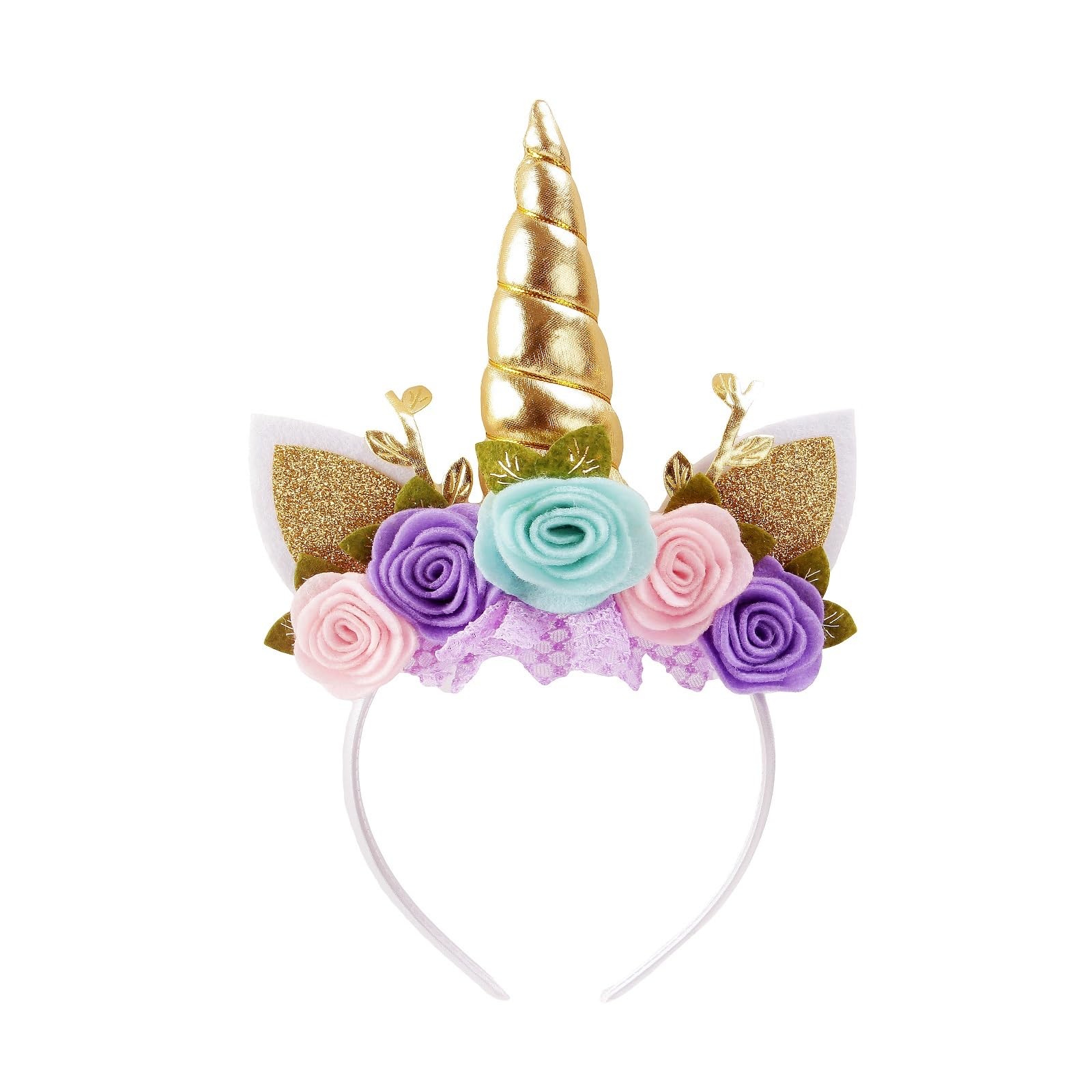 Nishine Unicorn Headband Nonwoven Flowers Cat Ears Pony Head Bands Tiara Glitter Horn for Cosplay Unicorn Party Supplies (Gold,turquoise)