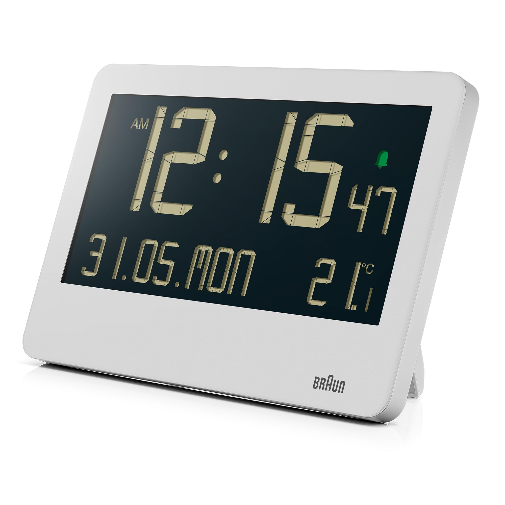 Braun Orologio da parete digitale temperatura interna, data, giorno della settimana, ampio display LCD inverso, impostazione rapida, allarme acustico in bianco, modello BC14W.