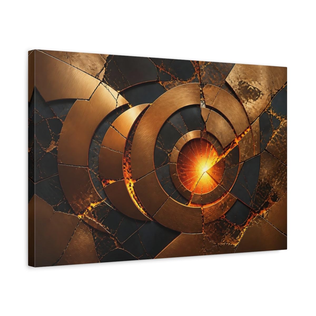 Abstract Fractured Bronze Circles Canvas Print – Living Room, Above Console Table, Black 24×16 inch (60×40 cm) - Horizontal / 1.25 inch (3 cm)