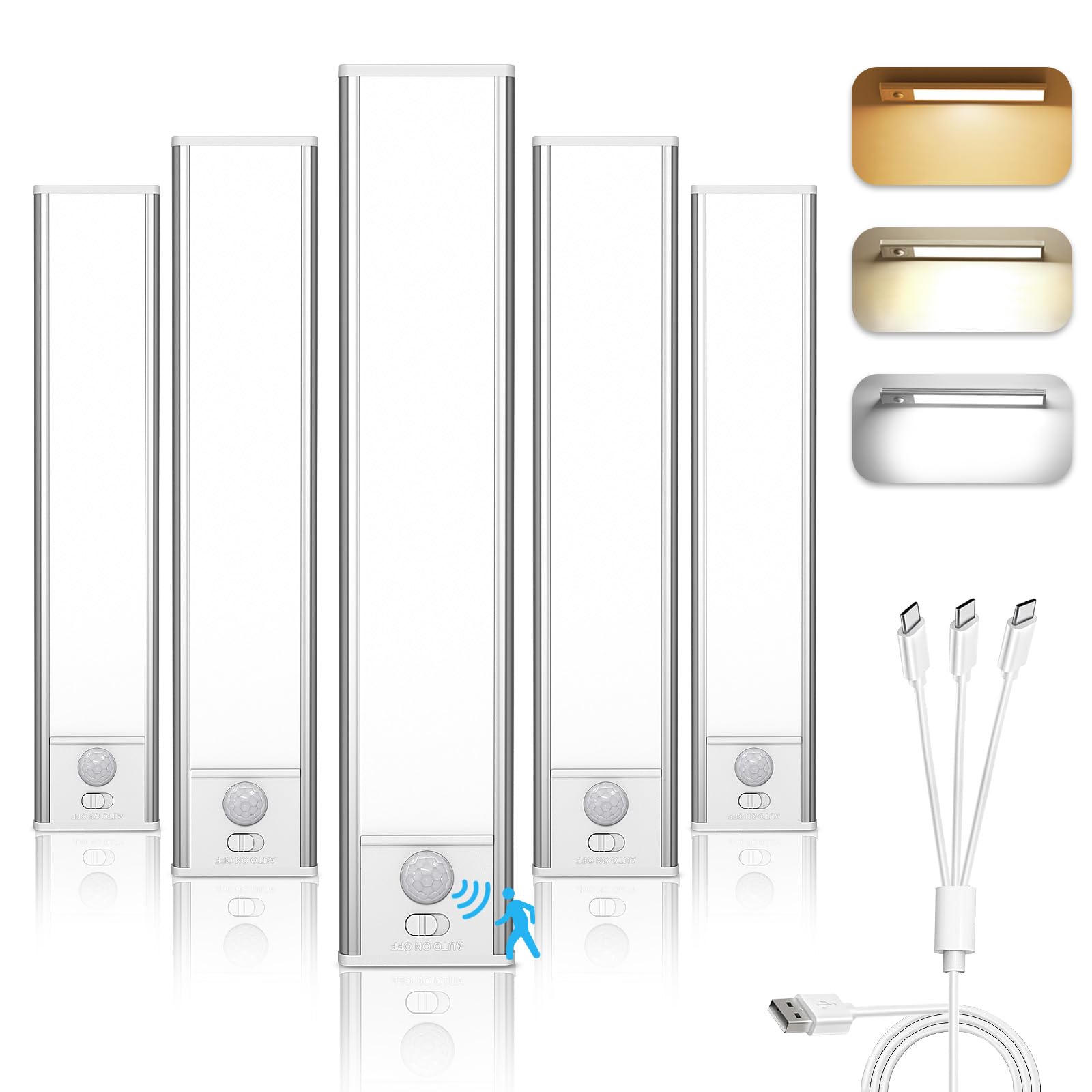 Onforu Under Cabinet Lighting, USB Rechargeable Battery Operated, Dimmable Motion Activated LED Closet Lights, 3 Color Temps Magnetic Under Counter Lights for Kitchen, Stairs (8 in-5 Pack)