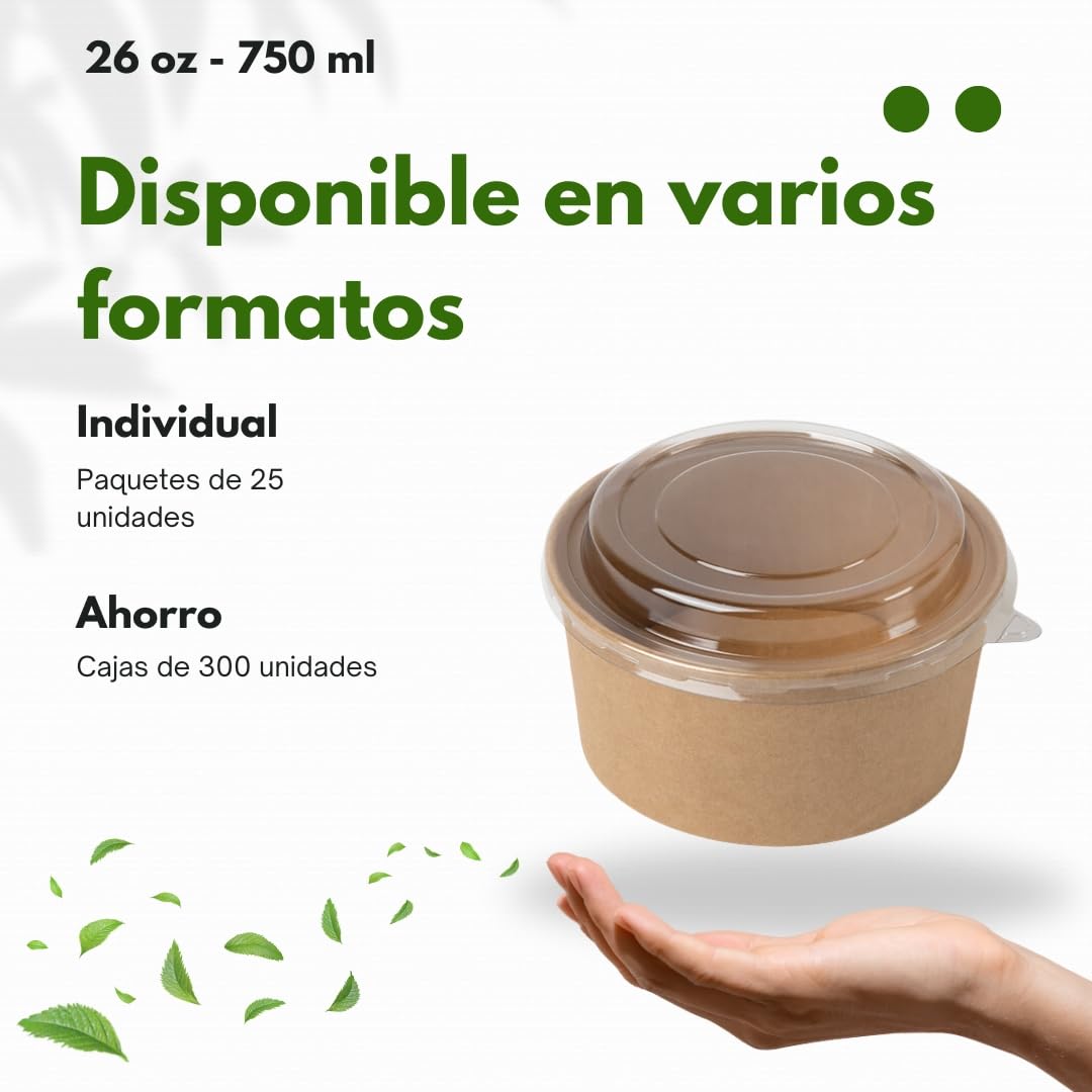 Tazón desechable de Ensalada y Sopa marrón kraft Redondo 750 ml con tapa PET