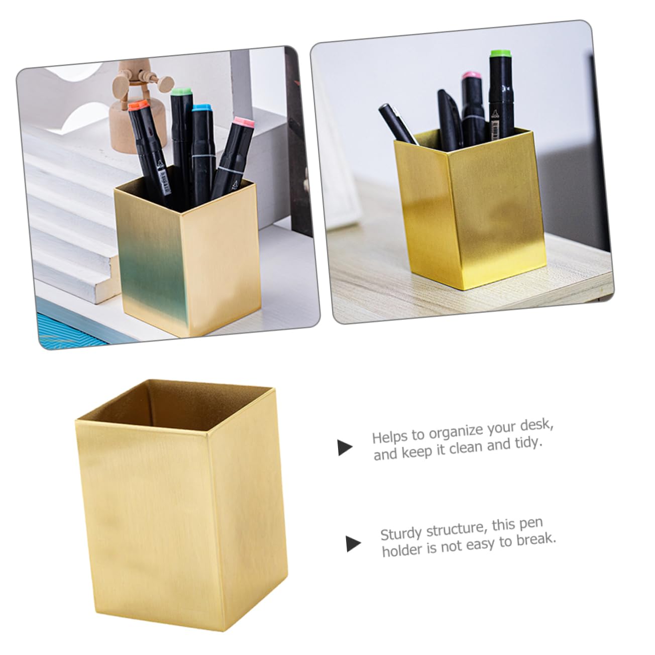 TEHAUX Portalápices de Acero Inoxidable Dorado Forma Cuadrada