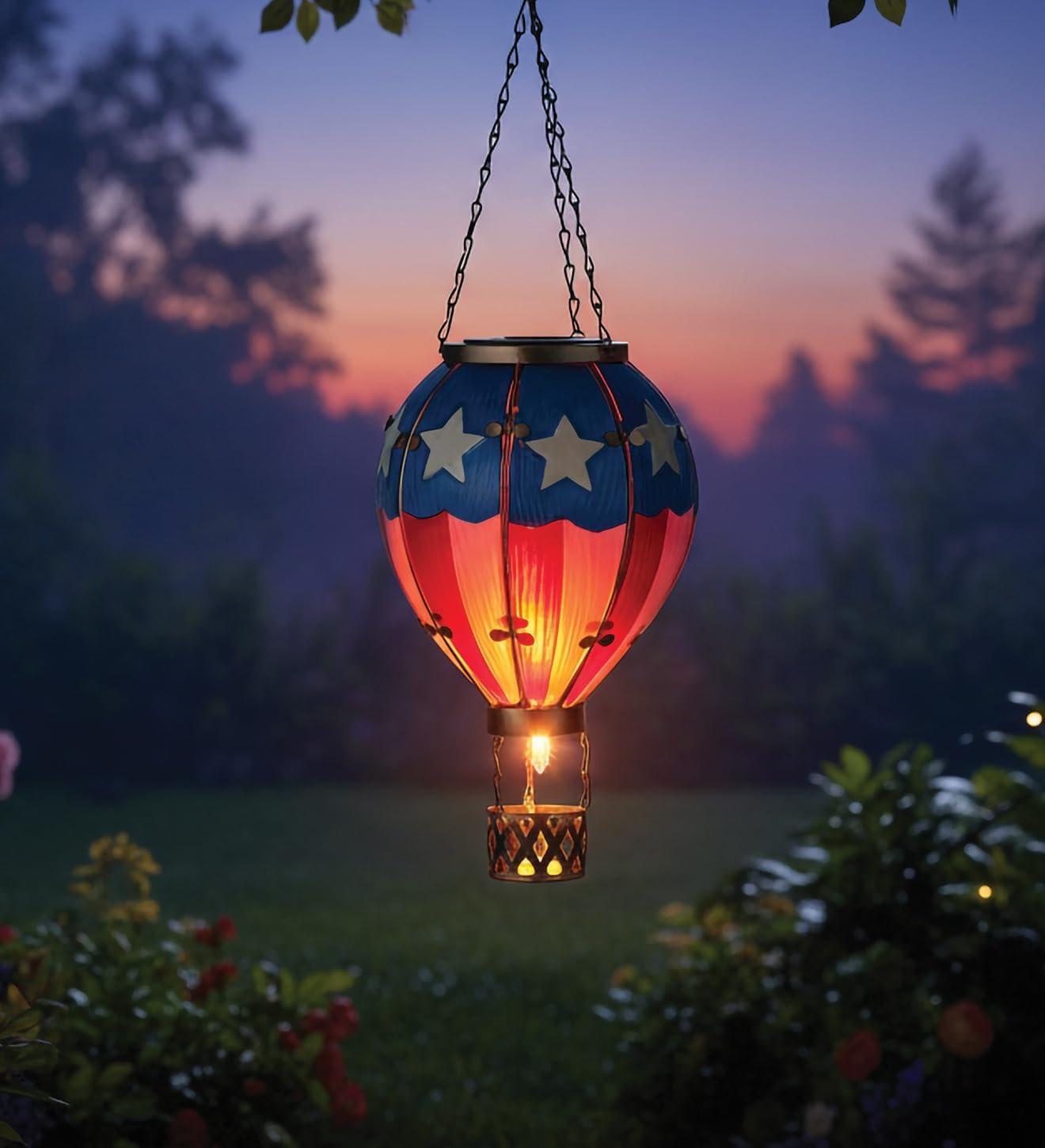 Regal Art & Gift Hot Air Balloon Solar Lantern – Hanging Solar-Powered LED Lights, Waterproof Portable Decorative Outdoor Lamp Made of Metal & Glass for Garden, Patios & Pathway – Americana (Large)