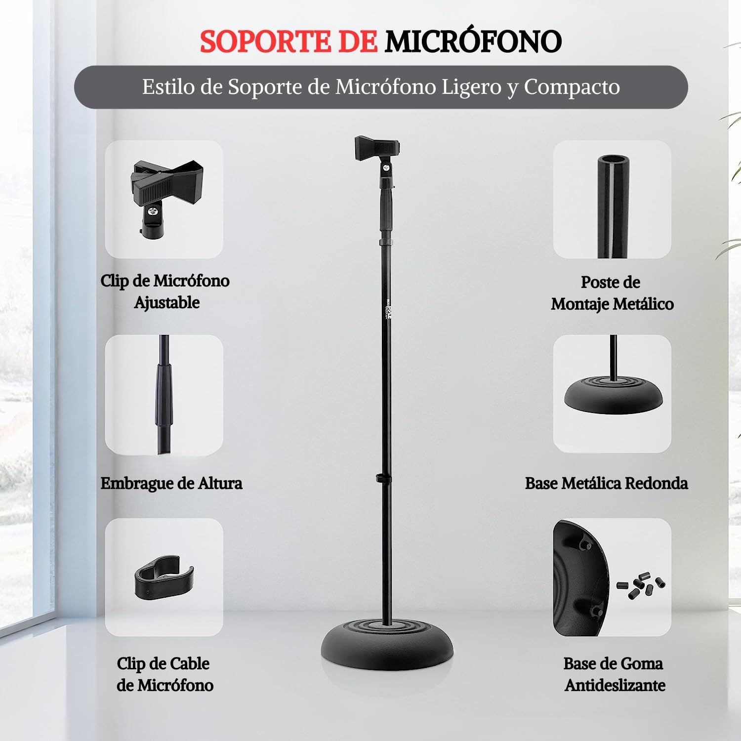 Pyle Pie de Micrófono, Soporte de Base Redonda Pesada Compacta. Altura Ajustable. Una Pieza (85 a 152 cms)